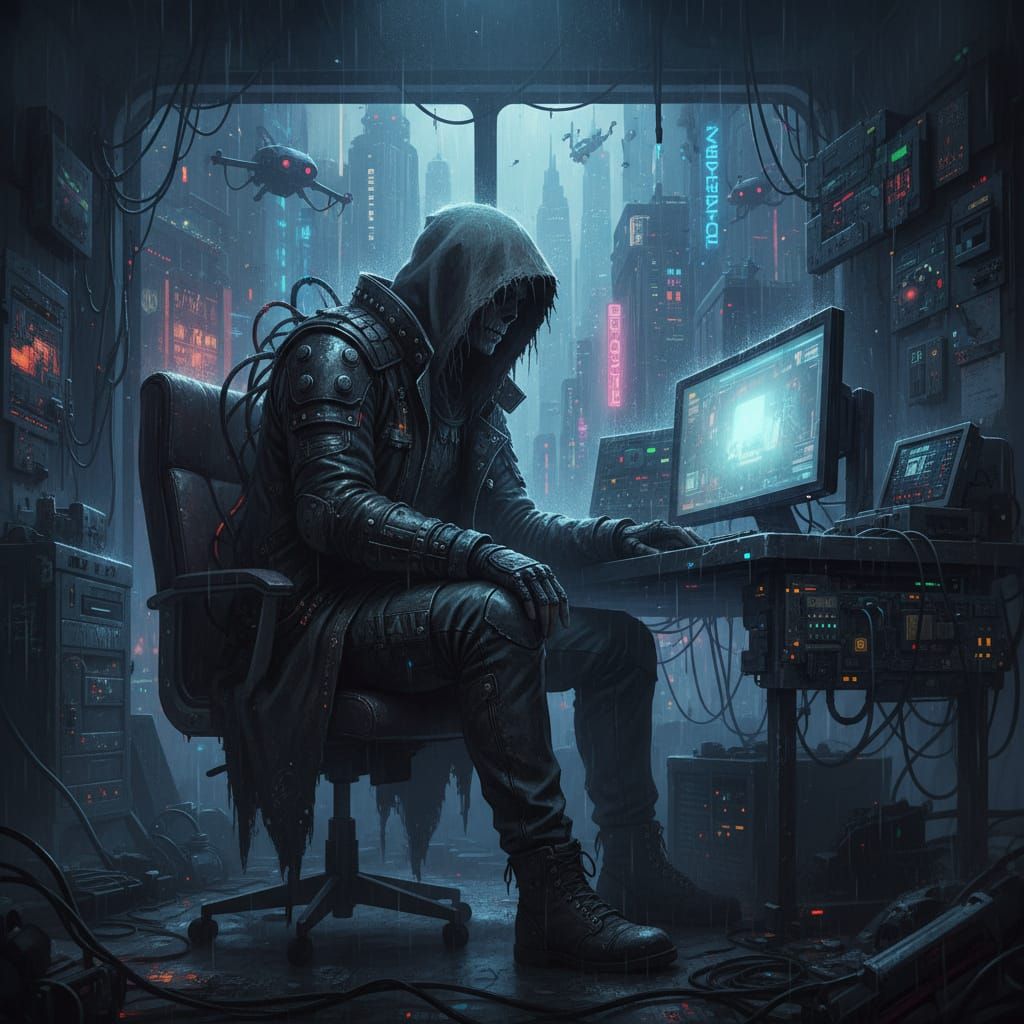 Hooded Figure in Dark Room by Computer Screen