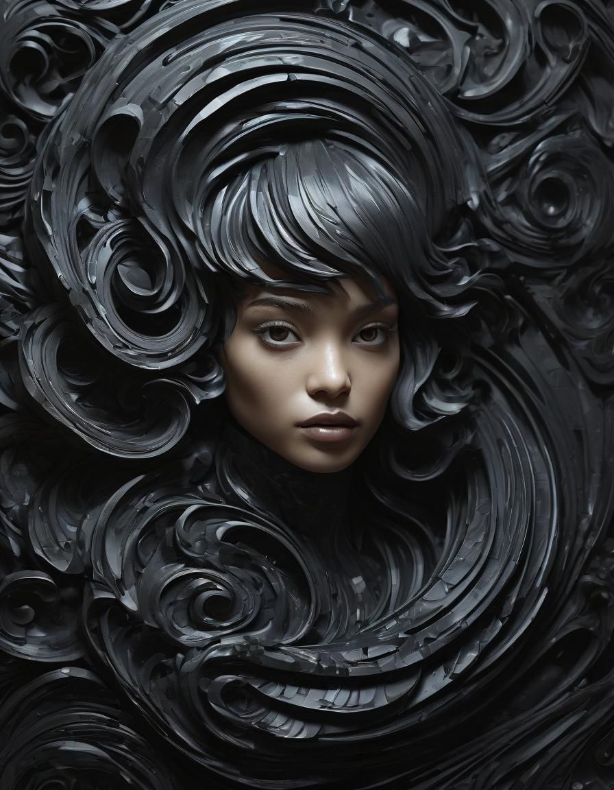 Abstract Black Portrait in Swirling Geometric Style
