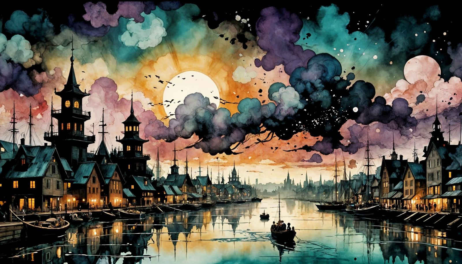 Alcohol Ink Sunset Harbor in Abstract Style