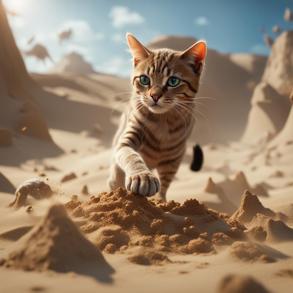 Cats Playing in Sand: Detailed Fantasy Painting