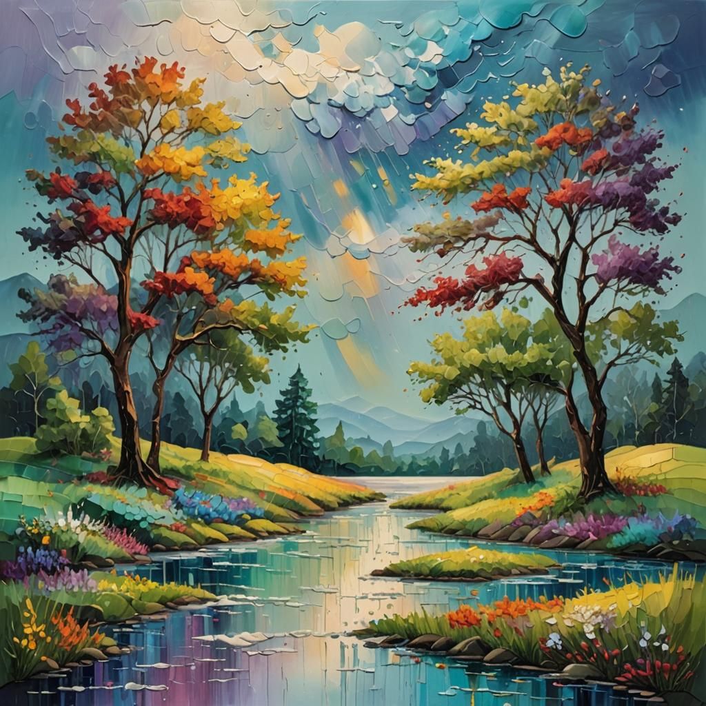An  oil painting with vivid colors  portraying a calm landsc...