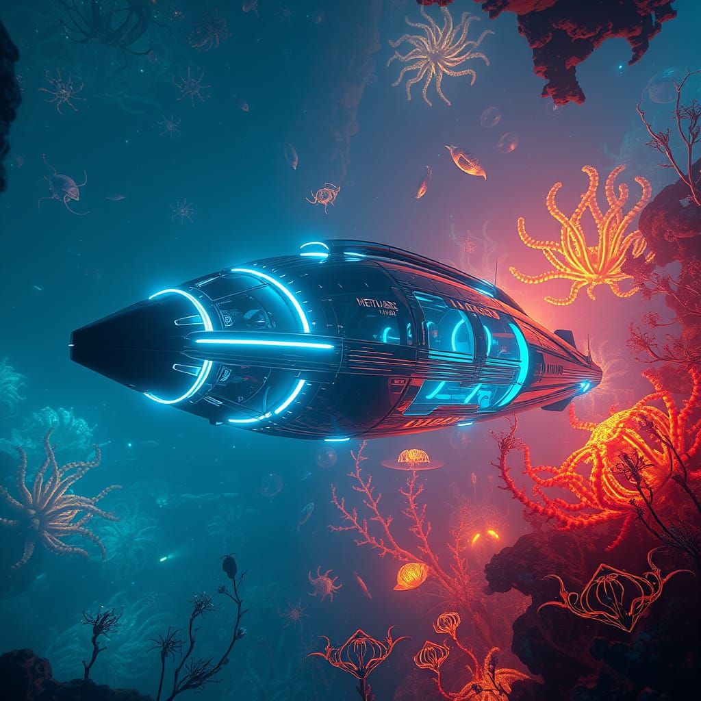 Futuristic Manta Ray Submersible Glides Through Glowing Abys...