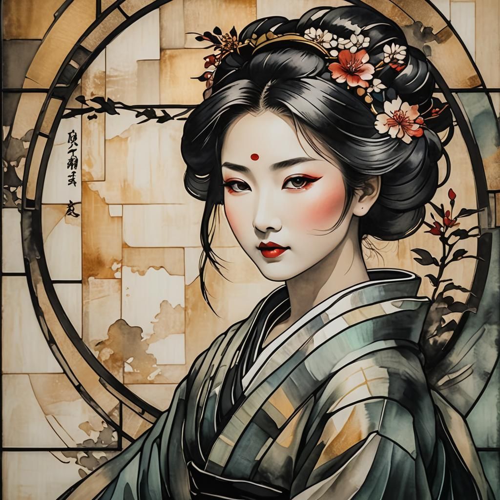 Stained Glass Geisha Portrait in Tiffany Style