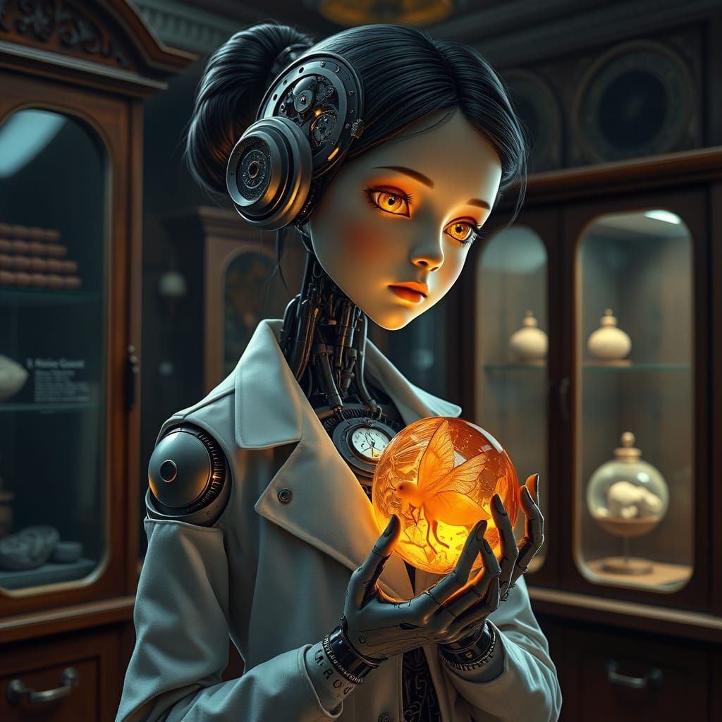 Clockwork Droid Holds Fairy Fossil in Museum, Syd Mead Style