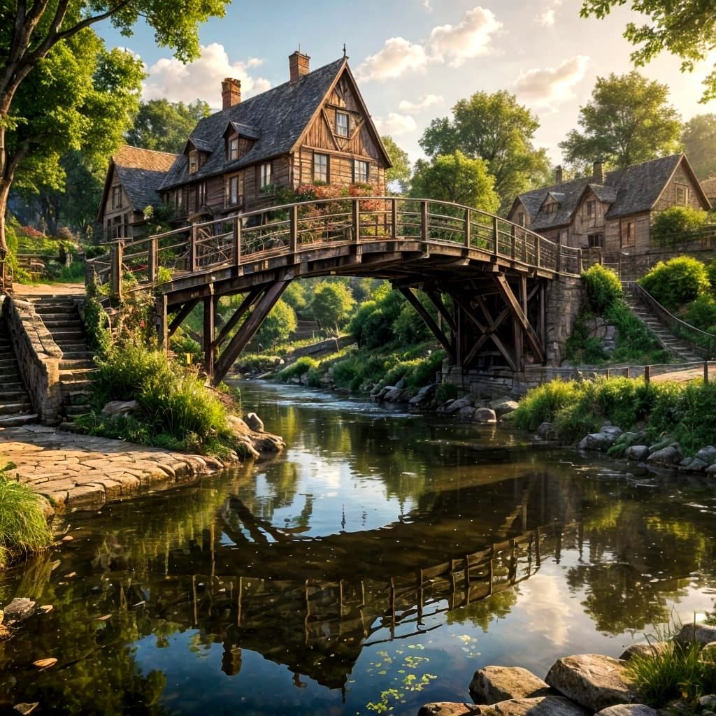 Old Iron Bridge Leads to Quaint Hamlet in HDR