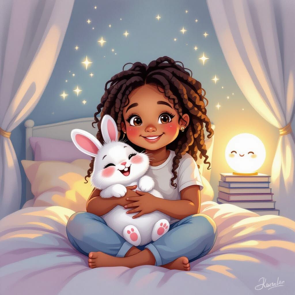 Smiling Girl with Bunny in Dreamy Watercolor Bedroom