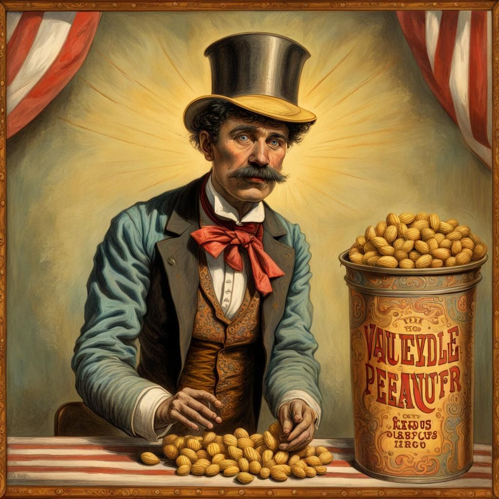Hyperrealistic 1880s Vaudeville Circus Peanut Vendor