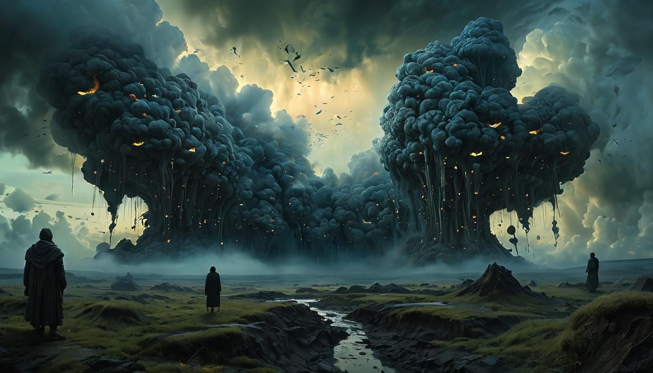 Love and Hate Embrace in Surreal Landscape
