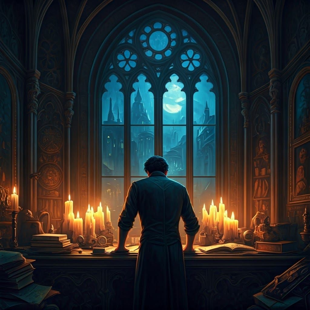 Mystical Chamber: Man Studying Documents in Digital Art