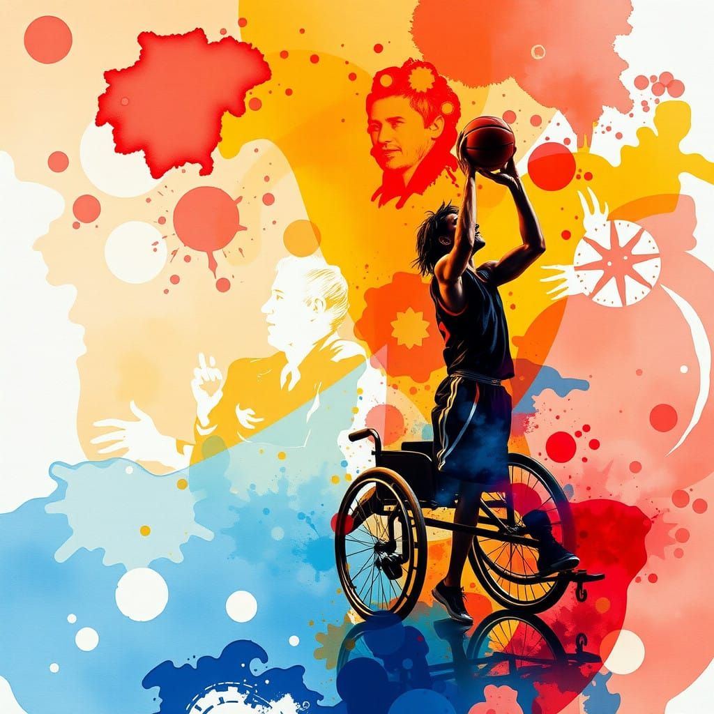 Young Man Plays Basketball with Shadow in a Wheelchair