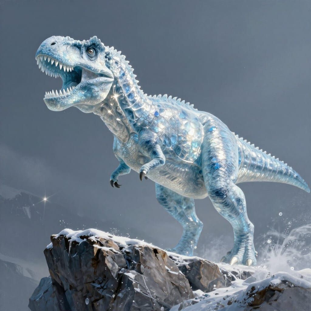 Majestic Ice T-Rex Roaring on Cliff Edge
