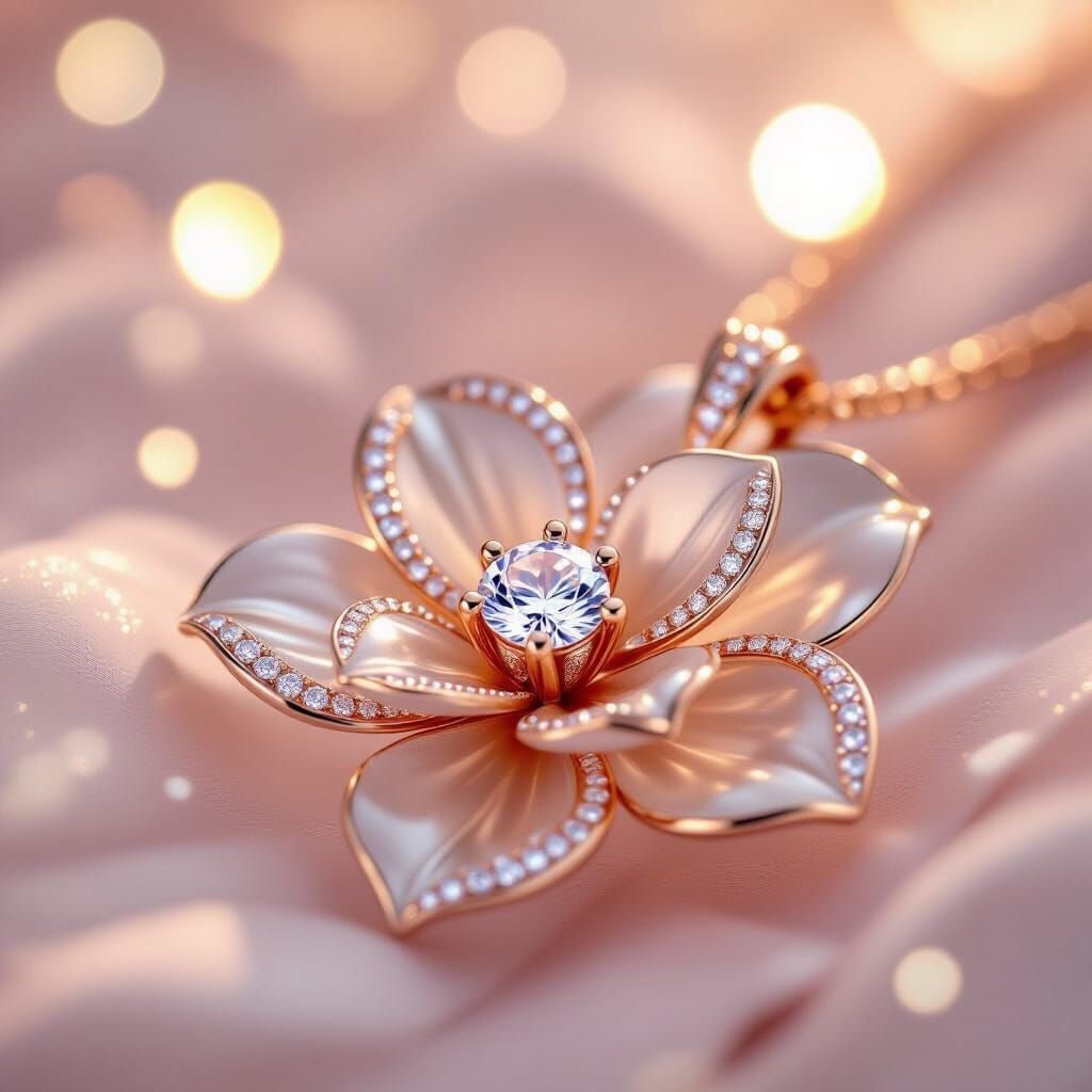 Rose Gold Flower Pendant with Diamonds and Pearl