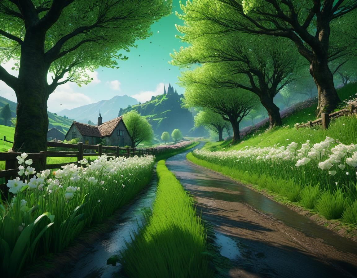 Skylark's Journey: Spring Valley in Hyperrealistic Splash Ar...