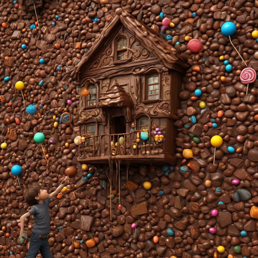 Boy Escapes Chocolate House in Whimsical Fantasy Art