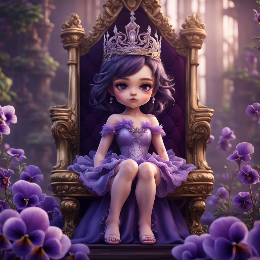 Chibi on Pansy Throne: Hyperrealistic Fantasy Art
