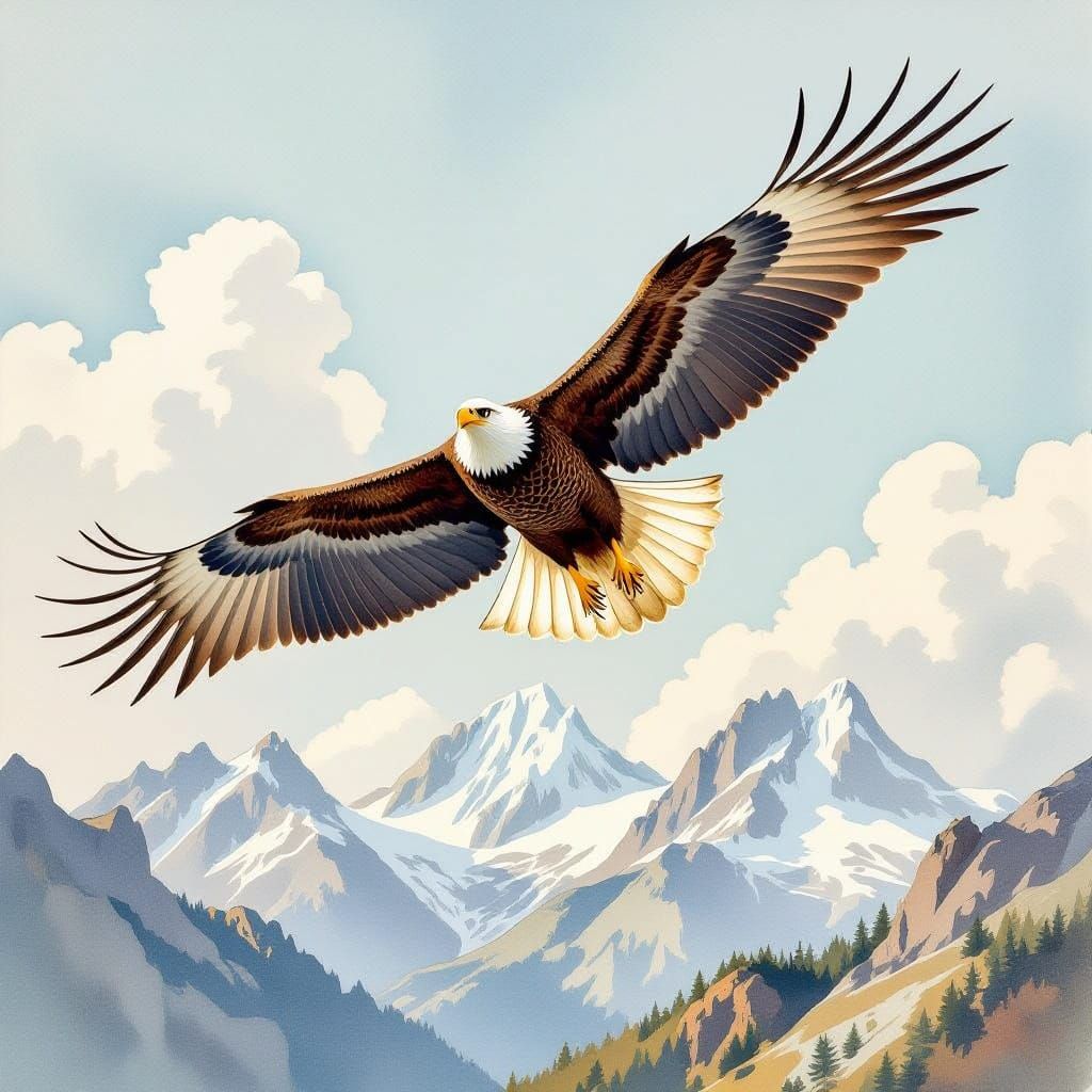 Majestic Eagle Soars Above Snow-Capped Mountains in Watercol...