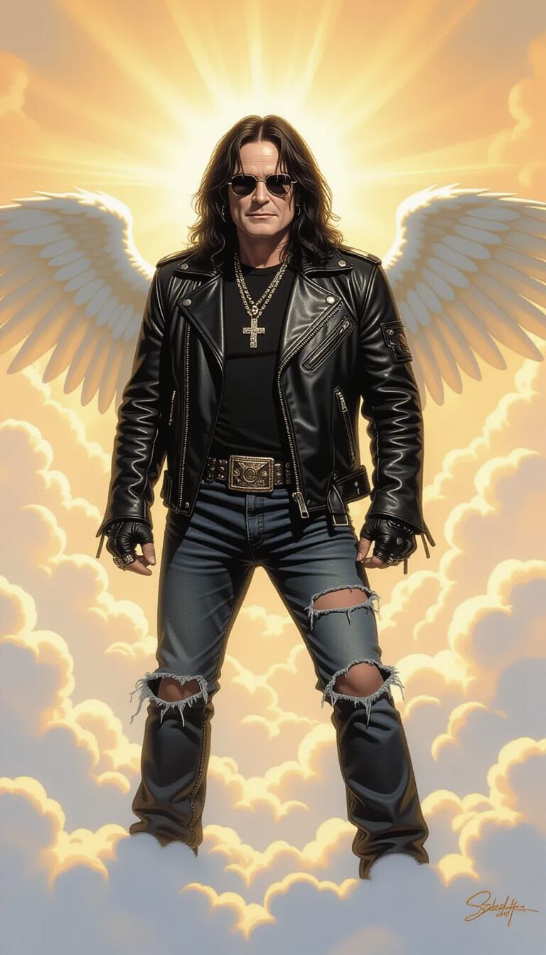 Ozzy Osbourne at the Pearly Gates in Fantasy Art Style