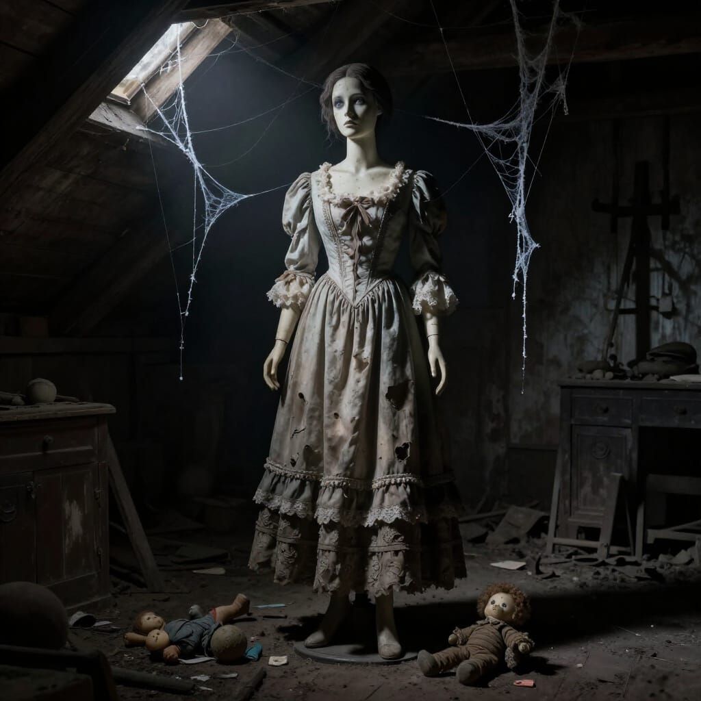 Haunting Mannequin in Dusty Attic with Moonlight