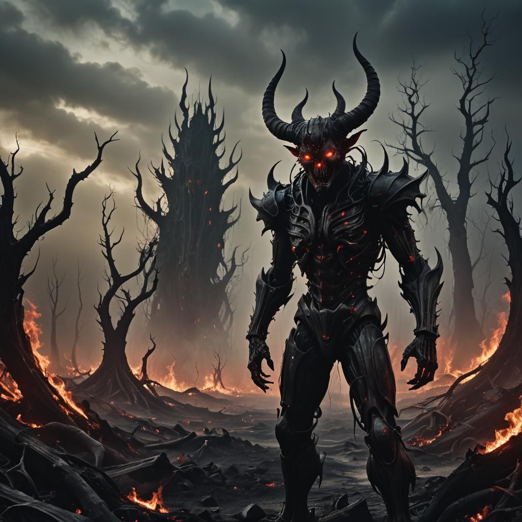 Menacing Horned Figure in Dark Surrealism Style