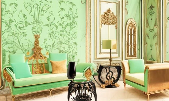 Green Glass and Rose Gold Art Nouveau Interior