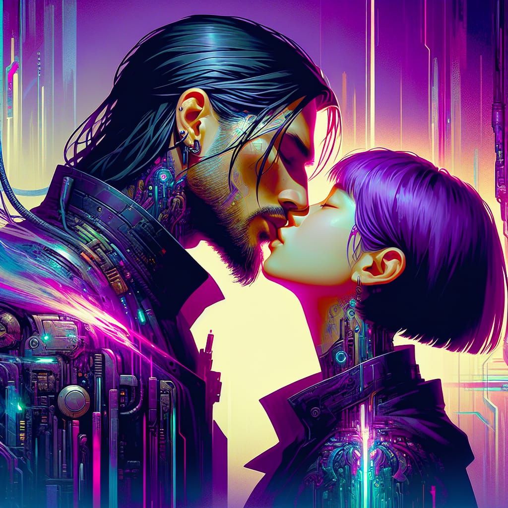 Cyberpunk Kiss: Sensual Couple in Fantasy Art Style