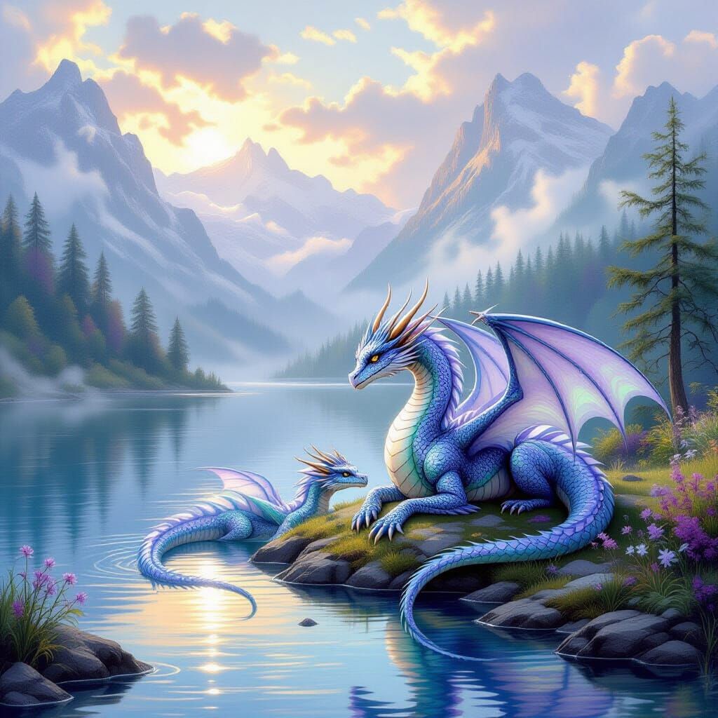 Dragon Healing by Crystal Lake in Ethereal Landscape
