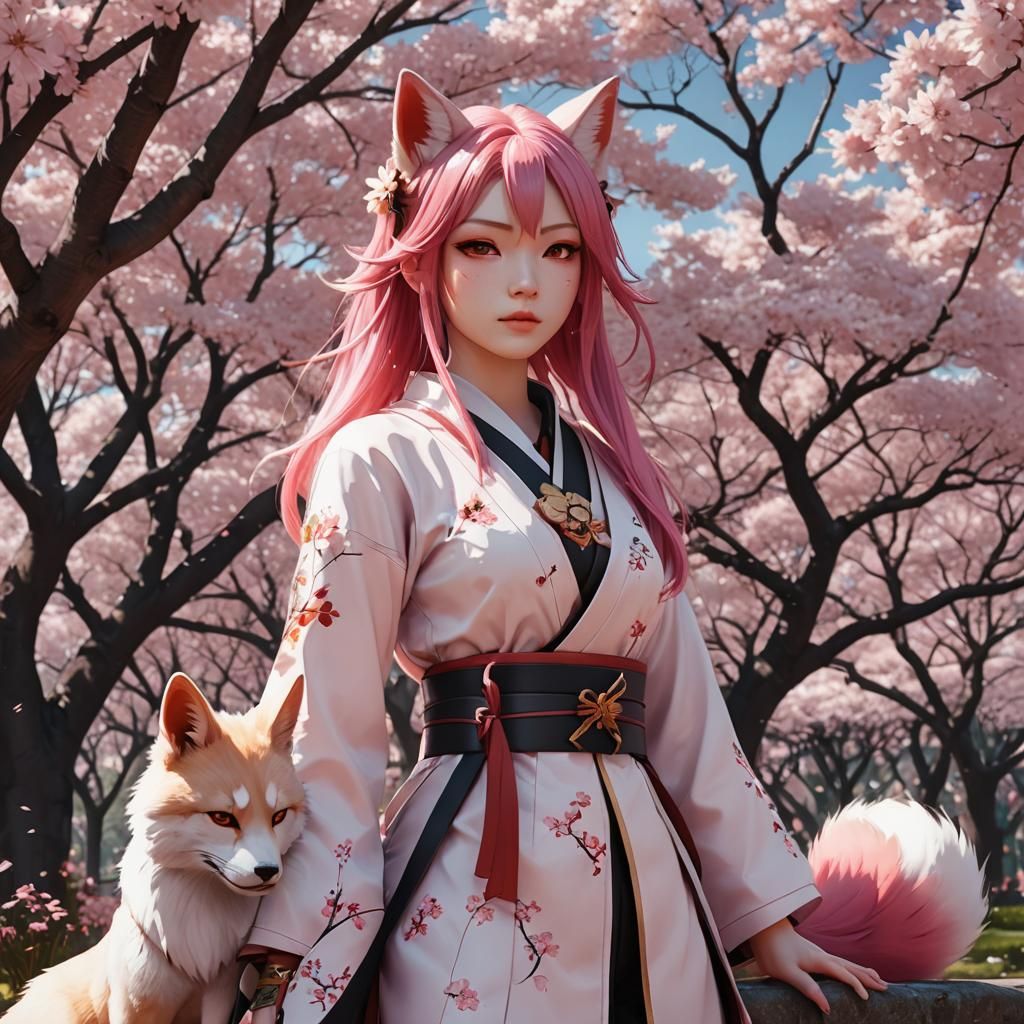 Kitsune Girl in Sakura Park: Anime Art