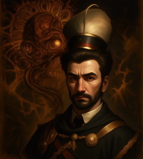 Stern Captain with Fractal Background in Paul Klee Style