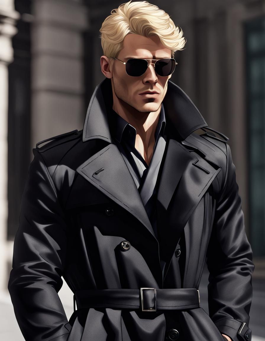 Blonde Spy in Black Trench Coat, Detailed