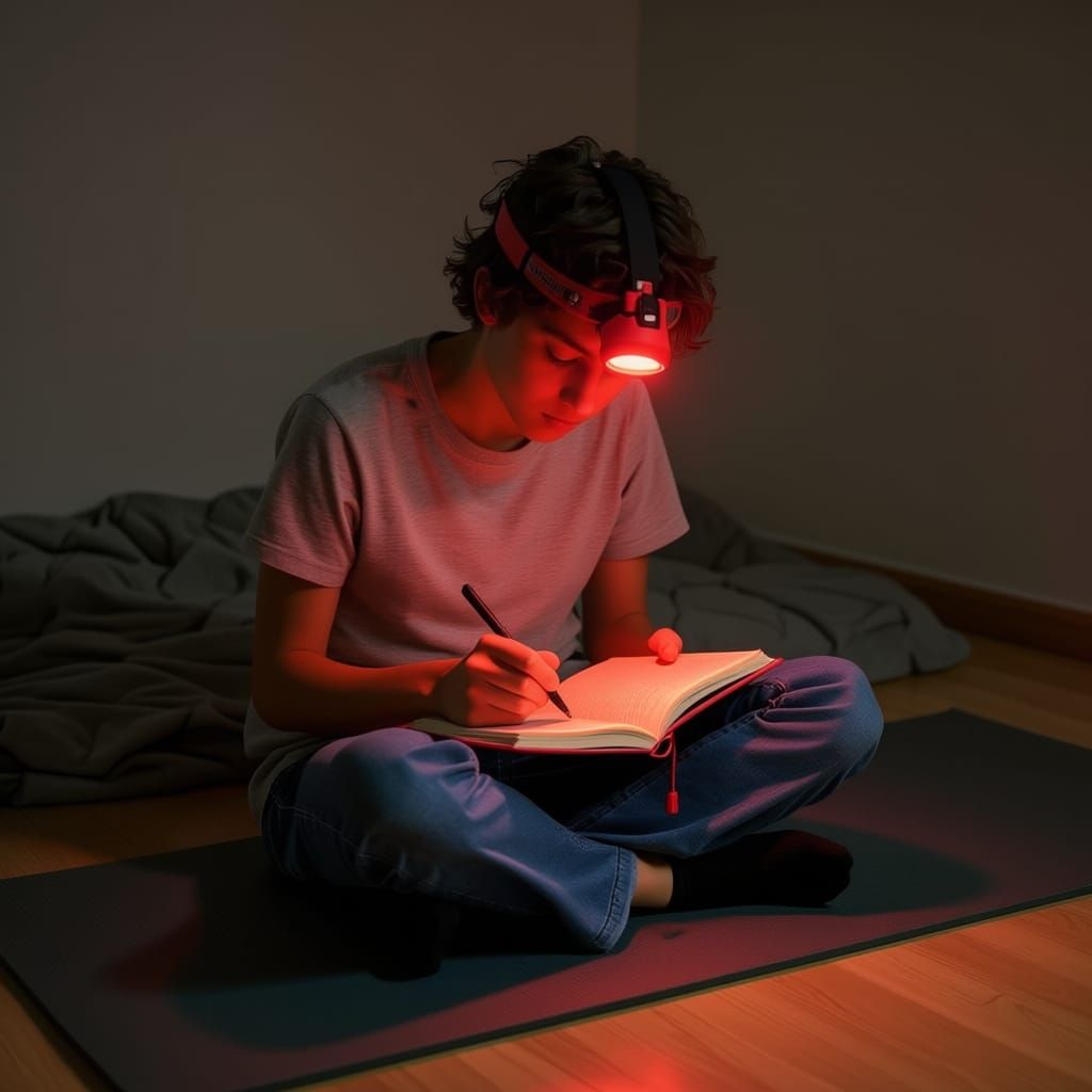 Student Writes Diary by Headlamp in Crowded Dorm