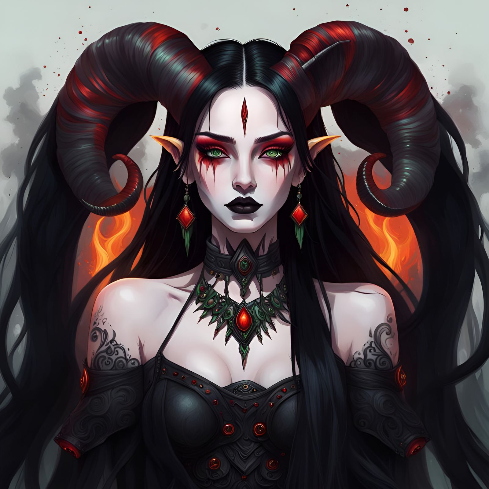Ethereal Gothic Aries Young lady with Long black hair with Red highlights& Green eyes& Red &black eyeshadow & Black lips...