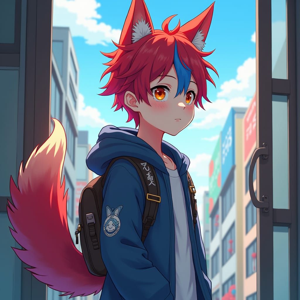 Anime Teen Boy with Bobcat Ears in Japanese Cityscape