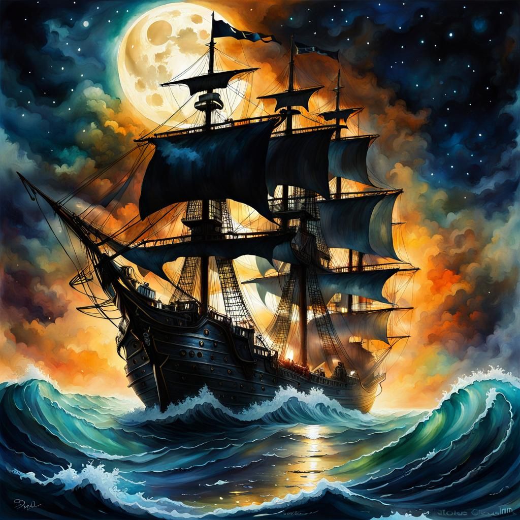 Ghostly Pirate Ship Wreck Under Moonlight