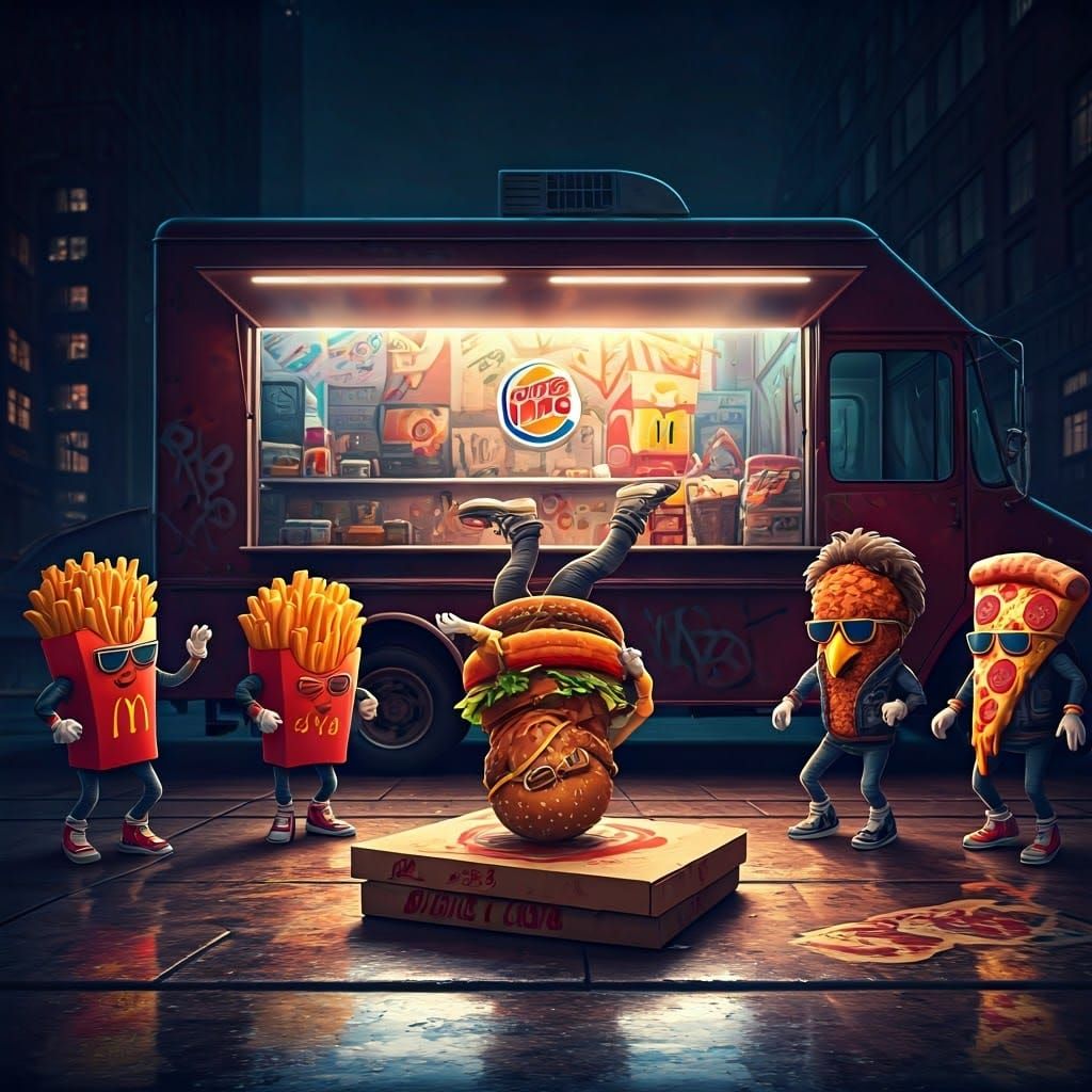 Breakdancing Fast Food Crew in Digital Matte Painting