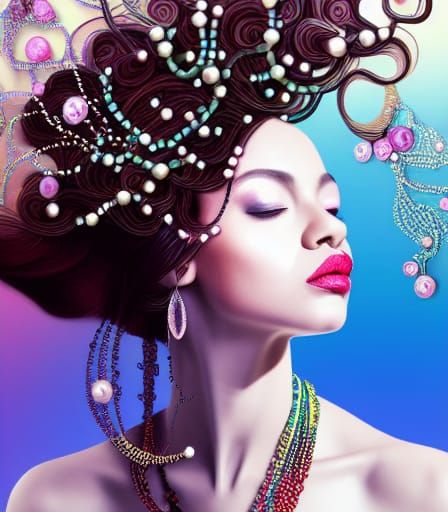 Elaborate Pearl and Flower Hairstyle in Expressionist Collag...