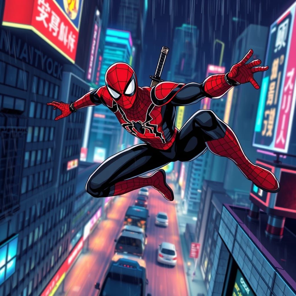 Anime Spider-Man Leaping Over Neon City Rooftops