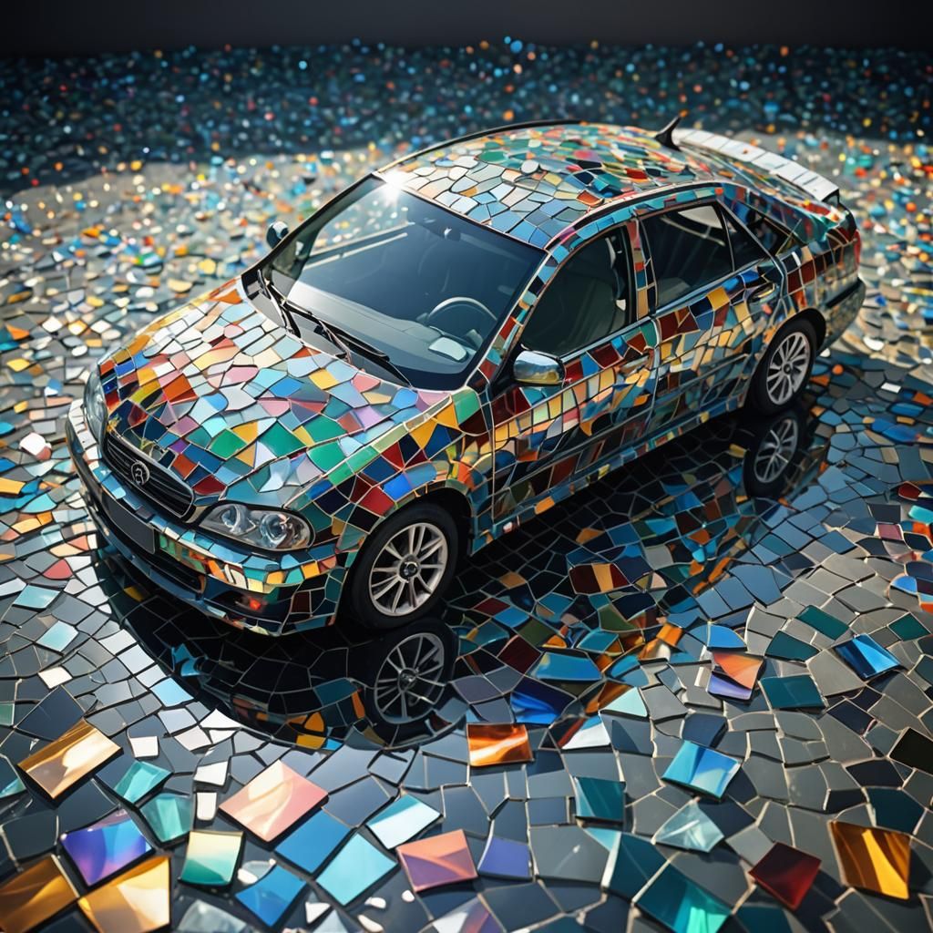 Surreal Mosaic Car in Dreamlike Digital Art