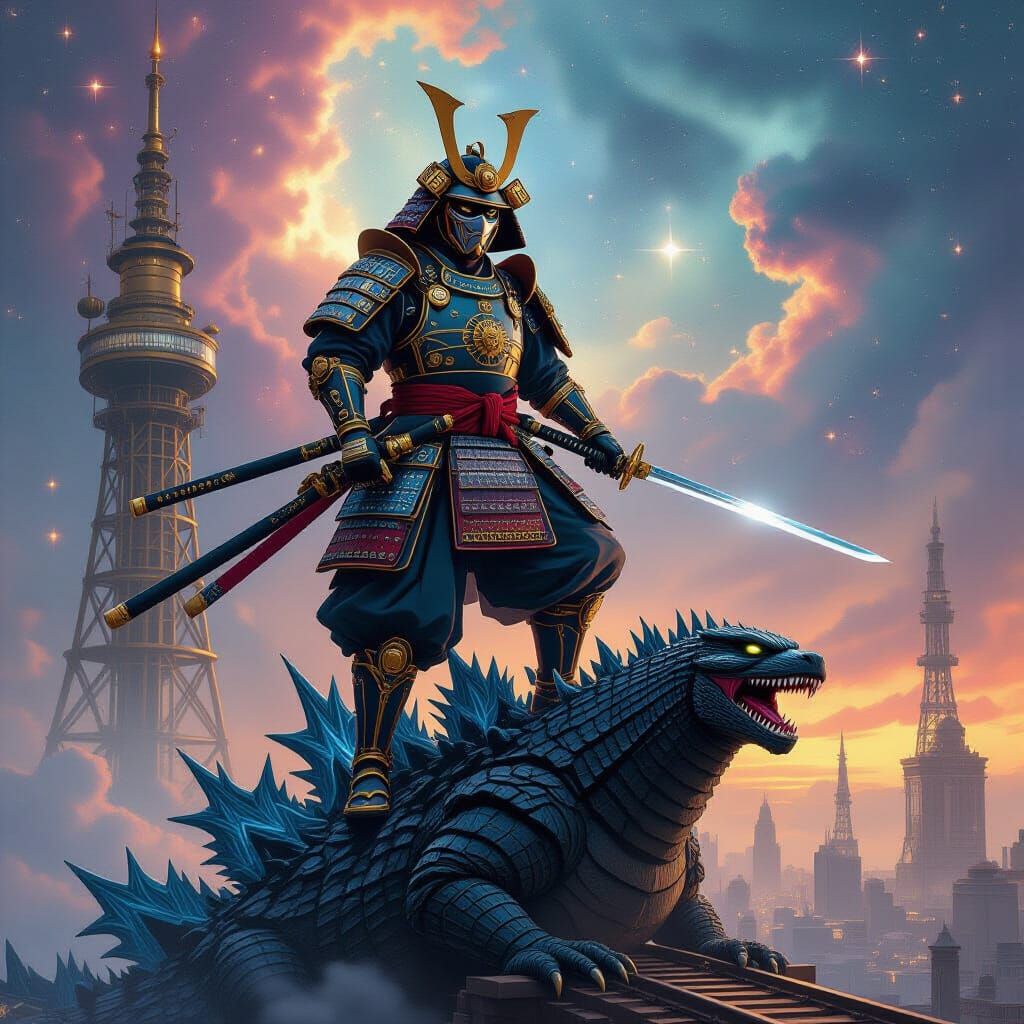 Celestial Samurai on Godzilla in Steampunk Metropolis
