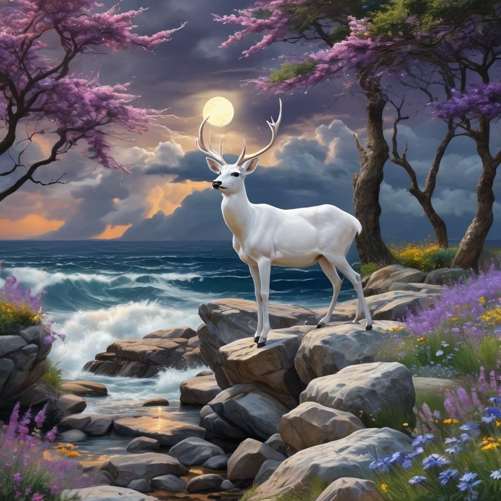 Majestic White Deer in a Hyperrealistic Landscape