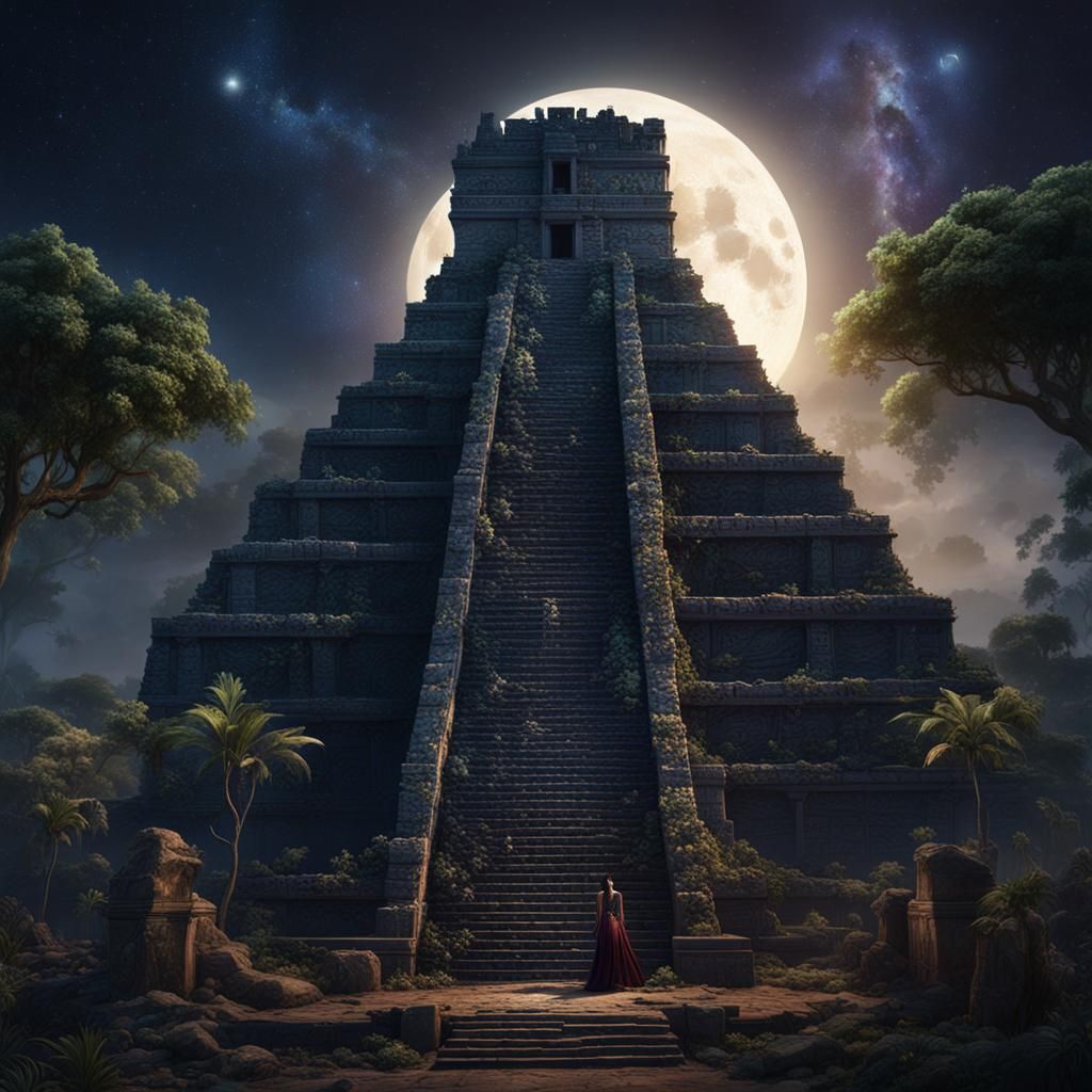 Ruined Mayan Pyramid with Priestess, Fantasy Art