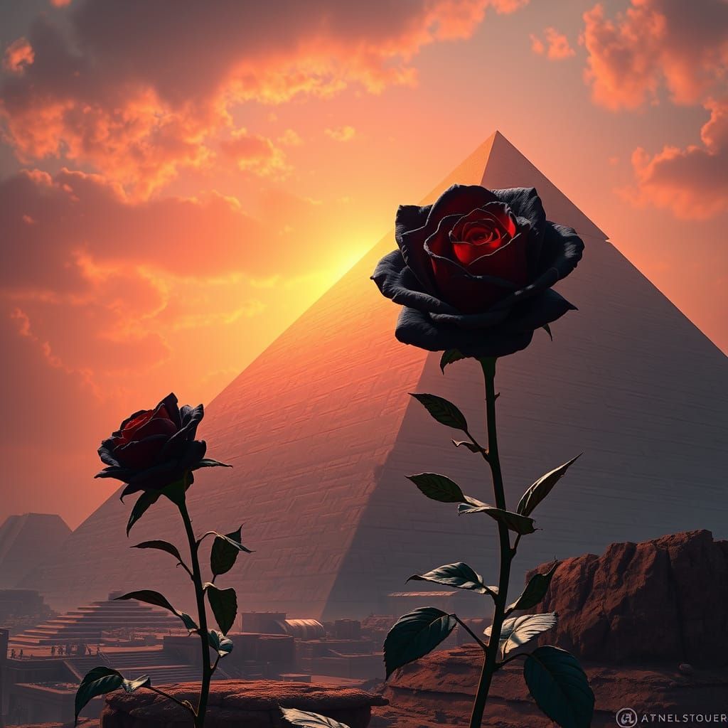 Surreal Black Rose Blooms on Saqqara Pyramid