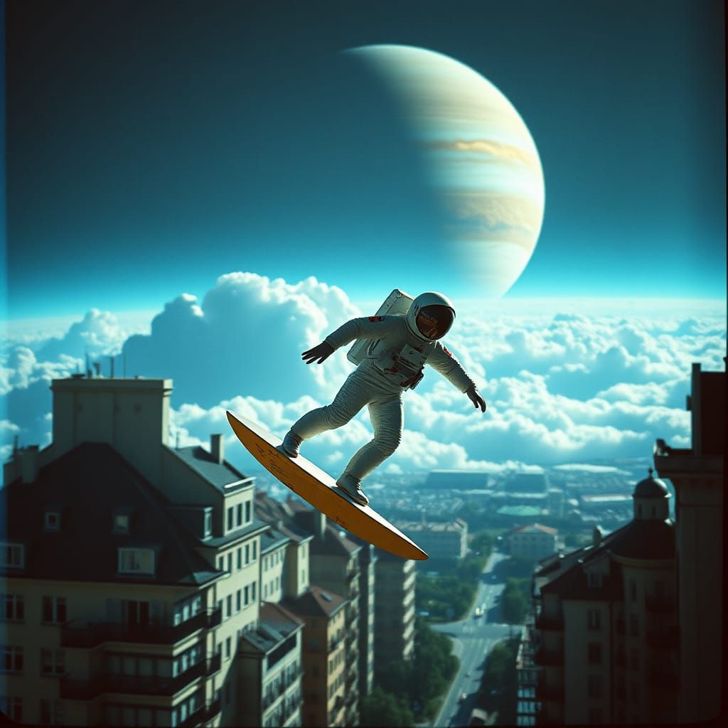 Astronaut Surfing to Jupiter: A Cinematic Space Journey
