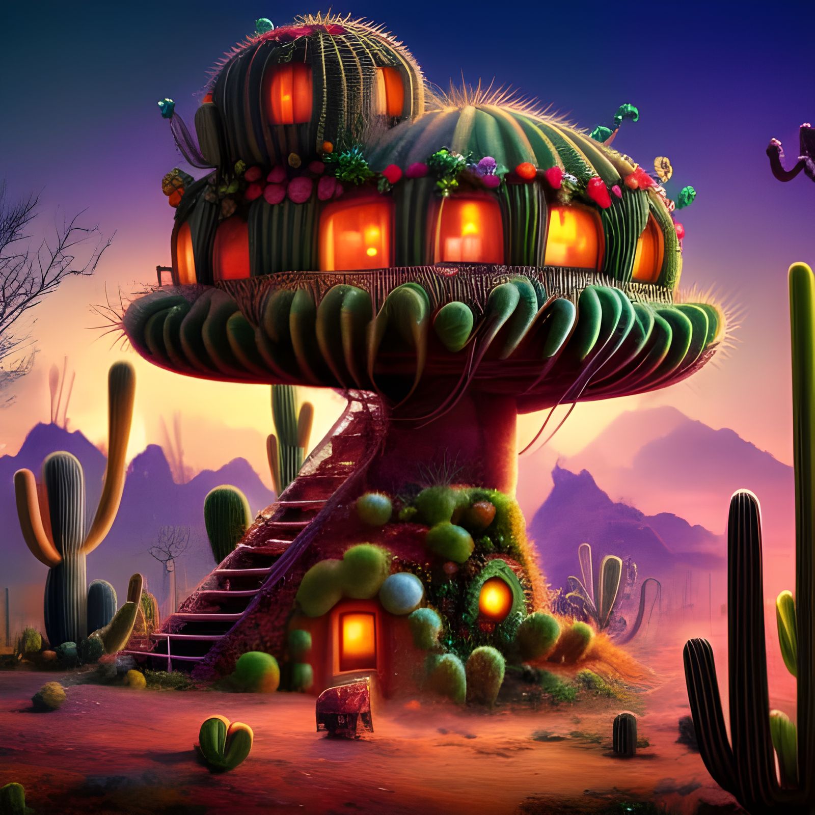 Enchanted Desert Cactus Treehouse in Whimsical Style
