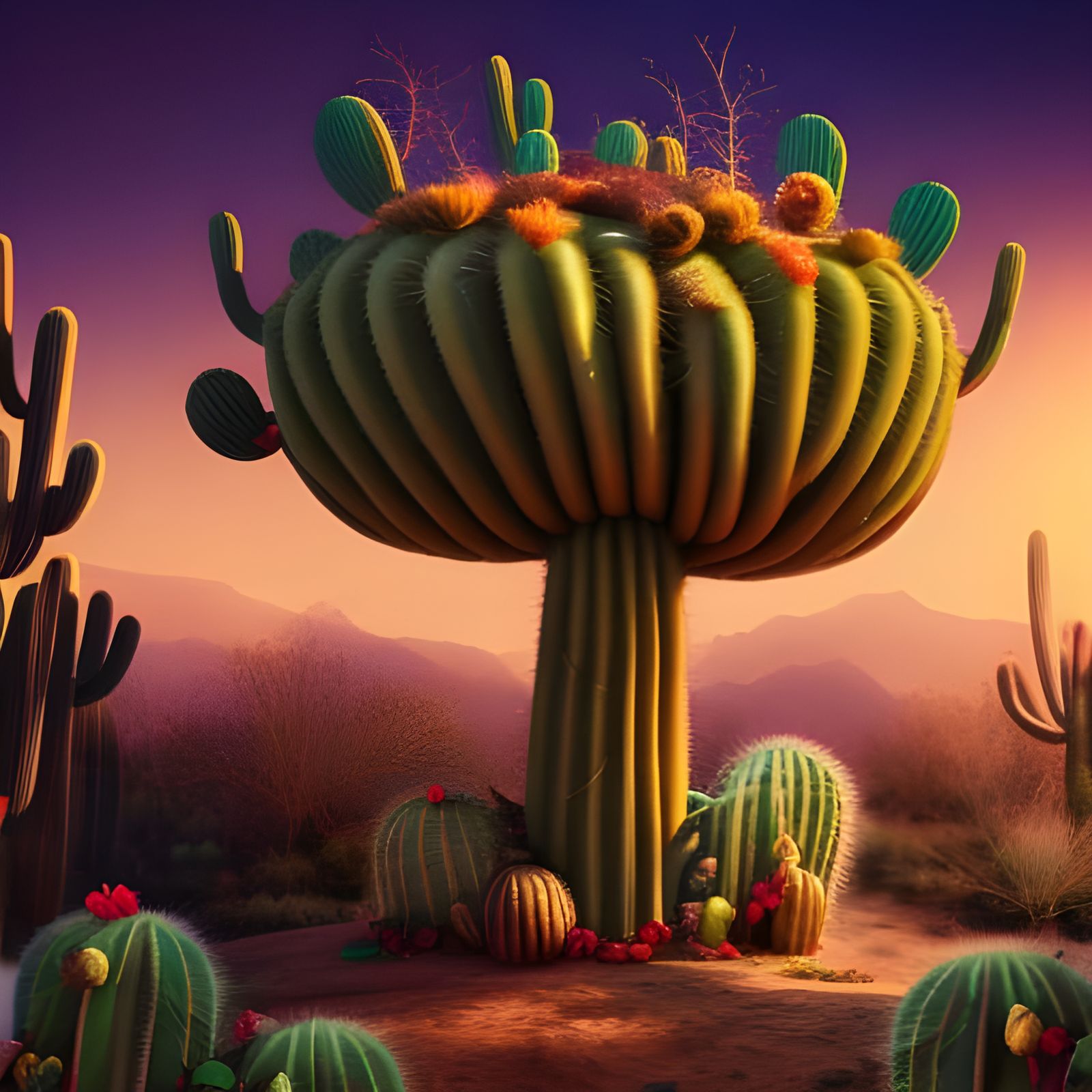 Enchanted Cactus Treehouse in Desert Scene