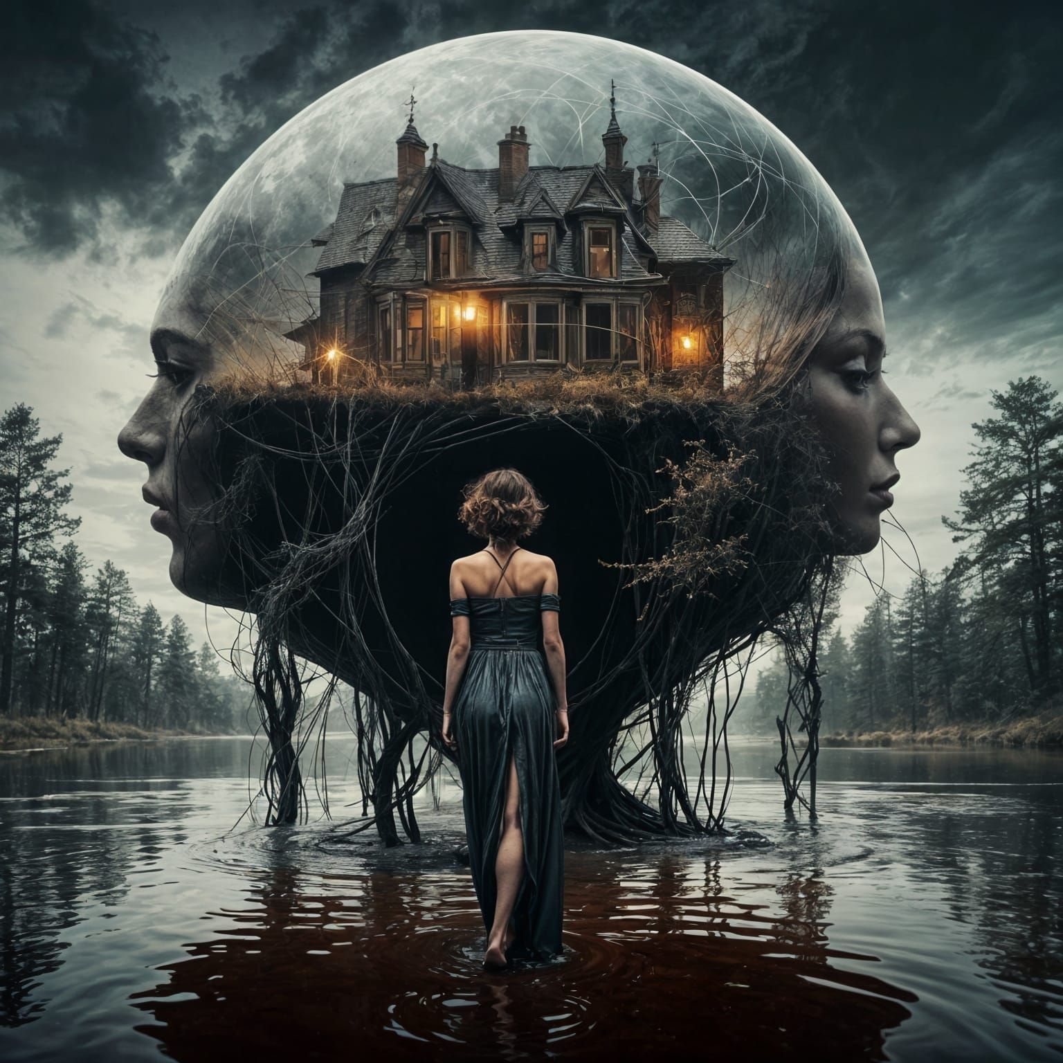 Abstract Woman Emerging from Dreamcatcher, Optical Art