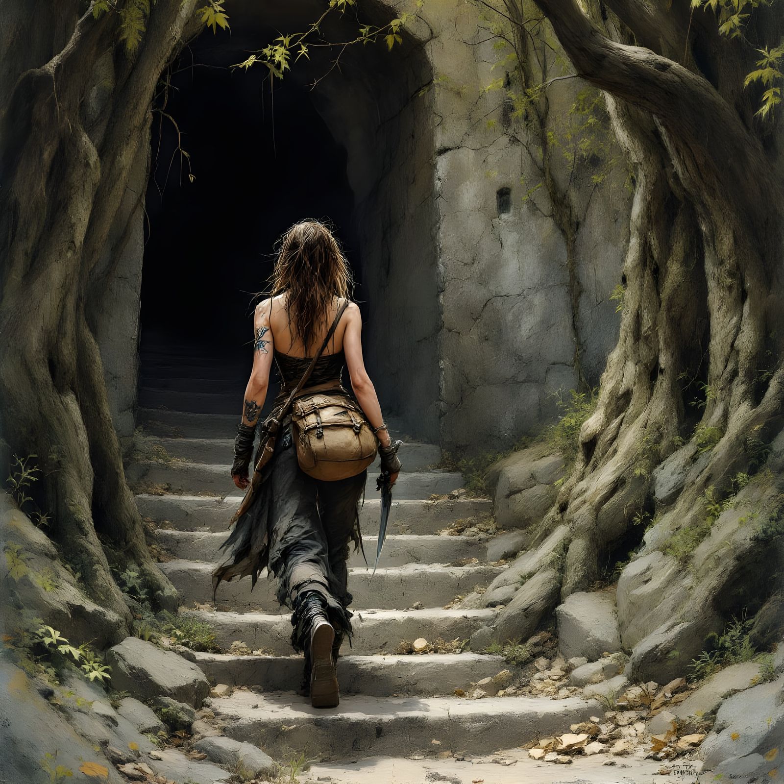 Adventuress Ascending from Crypt: Pastel Illustration