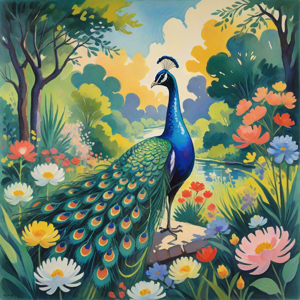 Vibrant Peacock Displays Plumage in Lush Garden