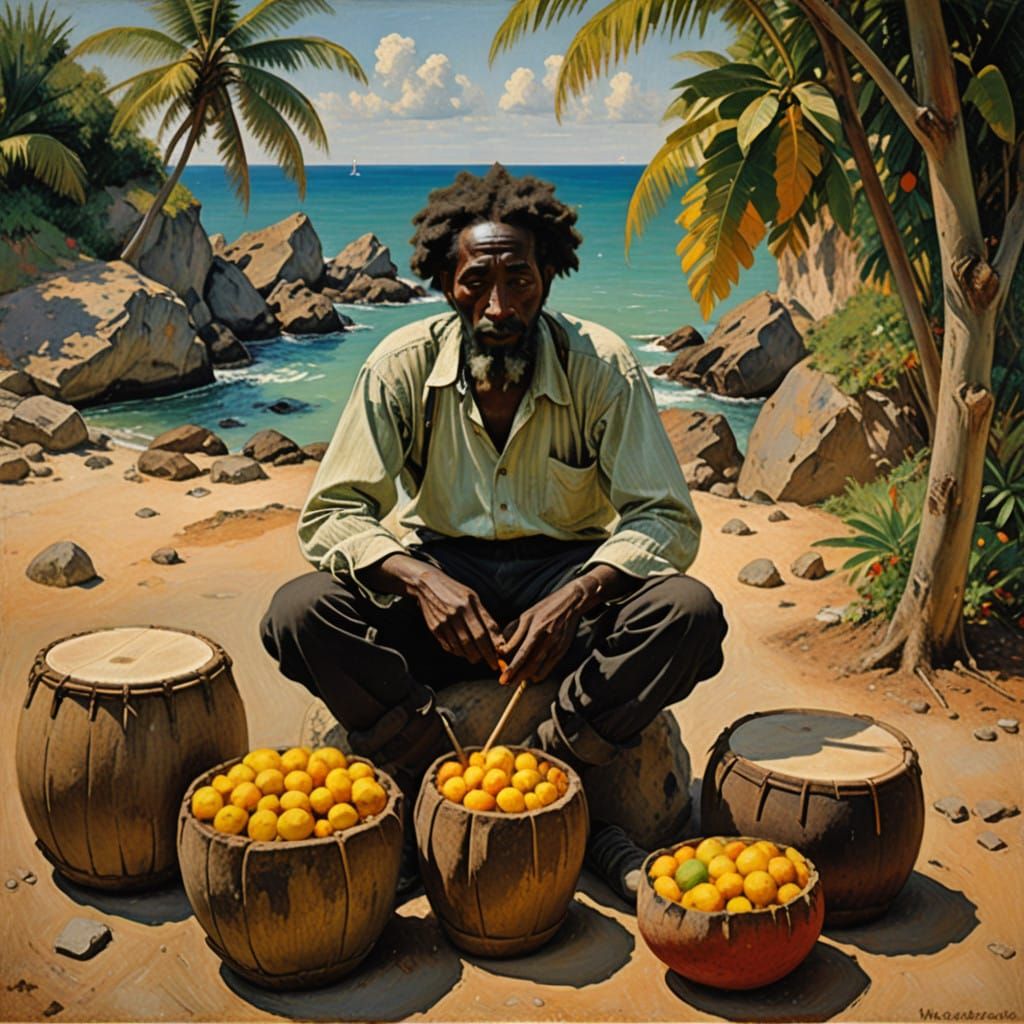 Vibrant Caribbean Jungle Scene with Music