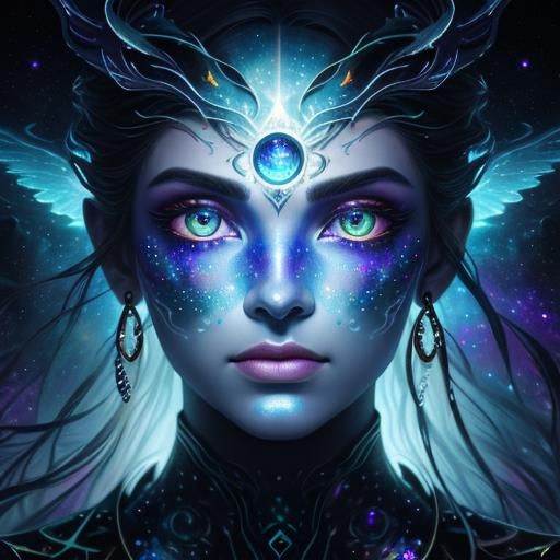 Cosmic Entities Reflected in Hyperrealistic Eye