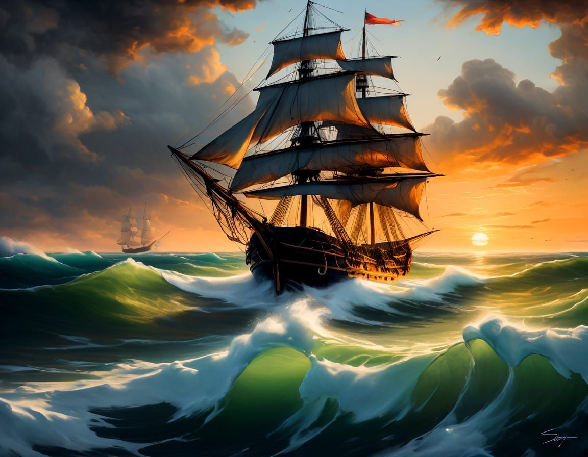 Dramatic Sunset on the Open Ocean in a Classic Oil Painting ...